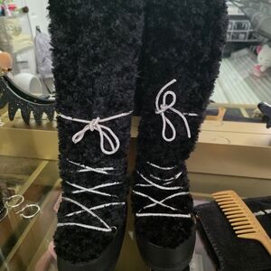 Black Furry Women's Boots with Silver Accents